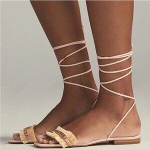 Anthropologie Jewel Embellished Raffia Tie-Up Sandals Flats Pink Women's 9.5 (40